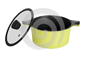 Bright colorful home cookware for cooking different dishes on the stove