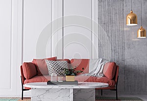 Bright colorful home interior, red sofa on white wall mockup