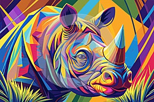 Bright and colorful illustration of a rhinoceros with vibrant patterns and bold colors photo