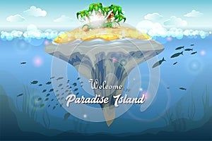 Resort topical island. Invitation card. Underwater coral reef seabed and water surface with tropical isl stock image photo