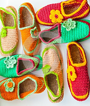 The Bright and Colorful knitted homemade slippers.