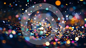 Bright colorful lights and confetti bokeh abstract background