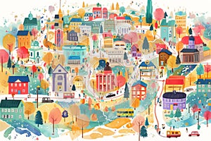 Bright colorful map of a city with houses and streets, watercolor illustration