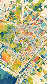 Bright colorful map of a city with houses and streets, watercolor illustration