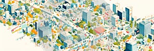 Bright colorful map of a city with houses and streets, watercolor illustration, banner