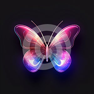 a bright colorful neon light glowing butterfly icon on dark background generative AI