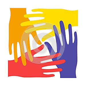 Bright colorful overlapping hands. Help, trust concept. Square composition. Abstract illustration. Flat design