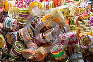 Bright colorful Rajasthani bangles being sold, at famous Sardar Market and Ghanta ghar Clock tower in Jodhpur, Rajasthan, India