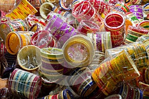 Bright colorful Rajasthani bangles, being sold at famous Sardar Market and Ghanta ghar Clock tower in Jodhpur, Rajasthan, India