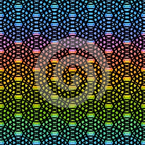 Bright colorful seamless pattern. Black circles Rainbow lilac pink green purple blue print, Geo hipster backdrop modern trendy Geo
