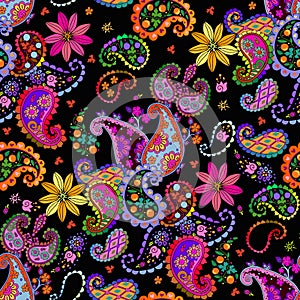 Bright colorful seamless pattern with paisley and flowers. Decorative ornament in ethnic style. Print for fabric and textile