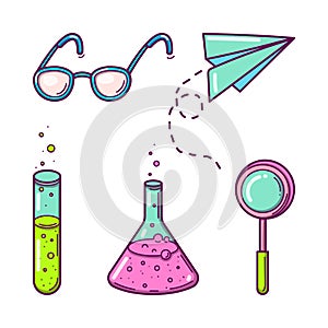 Bright colorful set of Chemistry science objects. Back to school. Isolated on white background