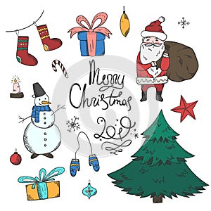 Bright colorful set of doodle Christmas elements