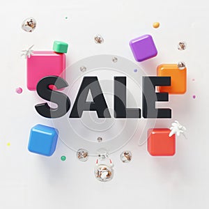 Bright, colorful shapes surround the bold text declaring a sale, creating an eye-catching promotional display that photo