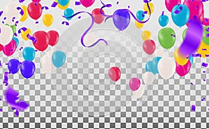 Bright colorful stars and balloons border on a background. Festive birthday party vector poster. Celebration illustration