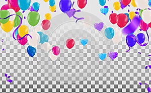 Bright colorful stars and balloons border on a background. Festive birthday party vector poster. Celebration illustration