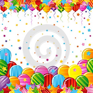 Bright colorful stars and balloons border on a white background. Festive birthday party vector poster.