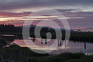 Bright colorful sunset glow over river water