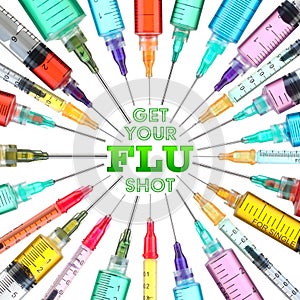 Bright and colorful syringes - Get your FLU shot