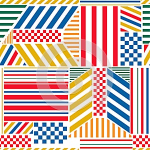 Bright Colorful trendy geometric pattern with bright bold stripe blocks mix with checkered modern style elements design for