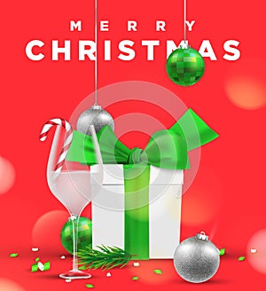 Bright colorful trendy red and green merry Christmas poster illustration vector