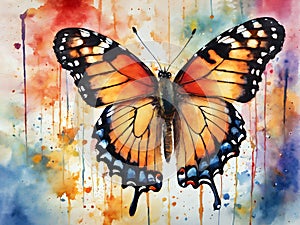 bright colorful tropical butterfly painted with watercolor on wet blurred background