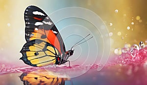 bright colorful tropical butterfly on the water. butterfly in a puddle after the rain