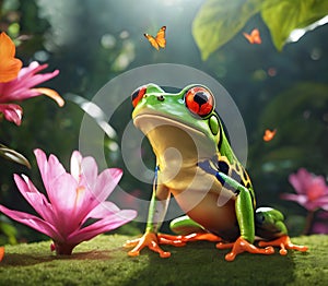 bright colorful tropical frog hunting a butterfly