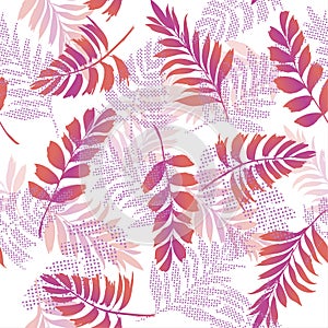 Bright colorful vector seamless pattern beautiful artistic silhouette tropical leaves in polka dot pattern with exotic forest.