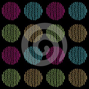 Bright and colorful vector seamless pattern of hand drawn circles on a black background