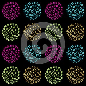 Bright and colorful vector seamless pattern of hand drawn circles on a black background