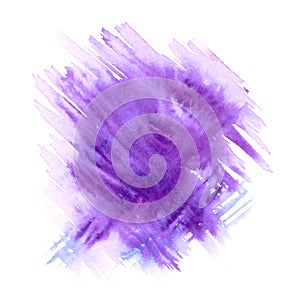 Bright colorful vibrant hand painted isolated watercolor spot splash on white background in blue, violet and purple colors. For