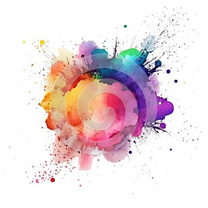 Bright colorful watercolor splash splatter stain brush stroke on white background. Modern vibrant aquarelle spot. Rainbow trendy