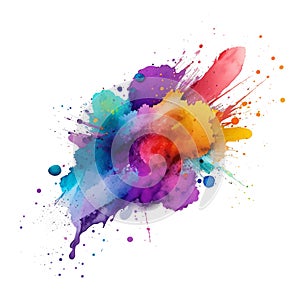 Bright colorful watercolor stain splash splatter brush stroke on white background. Modern vibrant aquarelle spot. Rainbow trendy