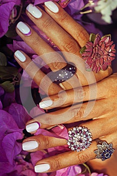 Bright colorfull shot of african tanned hands with manicure among pink flowers wearing jewellery among flowers