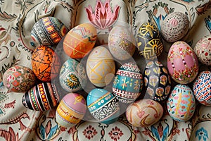 Bright colorfully decorated Easter eggs with folkloric floral patterns in the center of a rustic tablecloth. Hand-painted greeting