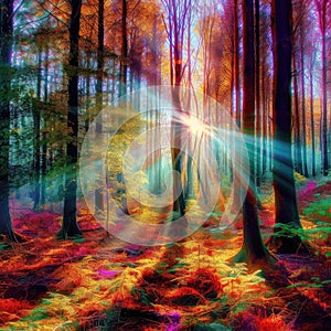 Bright colors autumn forest with sun rays among trees. Magical fairytale forest with lights. Mystic atmosphere