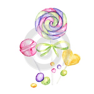 Bright colors candy set. Lollipops bright colors on white background. Watercolor hand drawn candies illustration for