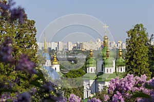 Bright colors in Kiev botanical garden at spring time and beautiful view to Dnipro river.