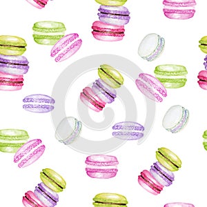 Bright colors Macarons cake Watercolor seamless pattern on white background. Colorful sweet french desserts. Fabric