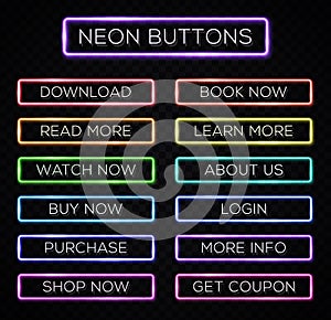 Bright colors neon web buttons set website design.