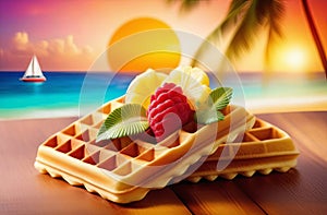 bright colourful dessert with freshly done waffle and fresh fruits on tropical background