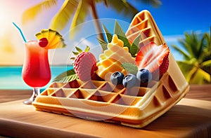 bright colourful dessert with freshly done waffle and fresh fruits on tropical background