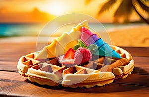 bright colourful dessert with freshly done waffle and fresh fruits on tropical background