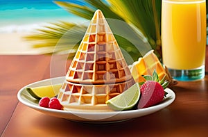 bright colourful dessert with ice cream cone and fresh fruits on tropical background