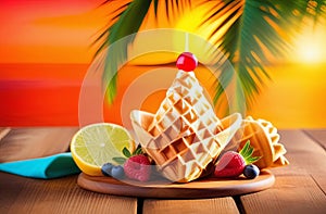 bright colourful dessert with ice cream cone and fresh fruits on tropical background