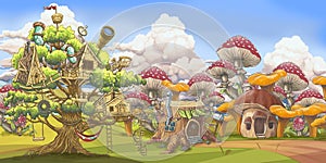 Bright colourful fairy forest with houses, hemp and mushrooms.