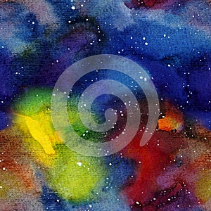 Bright colourful spase and stars hand drawn watercolour painted pattern
