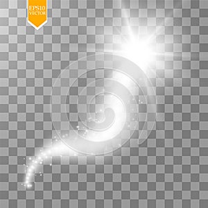 A bright comet with large dust. Falling Star. Glow light effect. Golden lights. Vector illustration