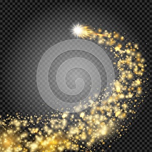 Bright comet with large dust. Falling Star. Really transparent effect. Glow light effect. Golden lights. Vector